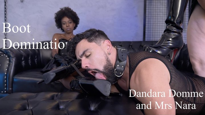 Dandara Domme and Mrs Nara make Hex shine his boots with their tongues (1080P-EN