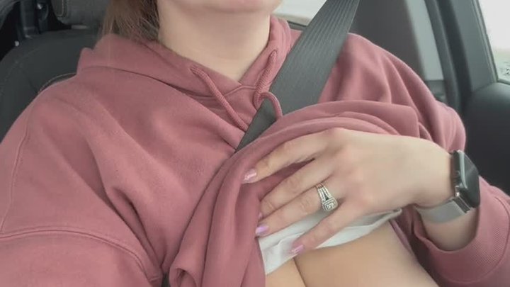 Milky step-mommy Jenn plays with her tits and milks them while driving