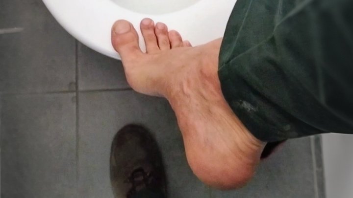 Extremely Sweaty Work Feet – Socks Peeled Off in Toilet Stall, Wet Soles Close-U