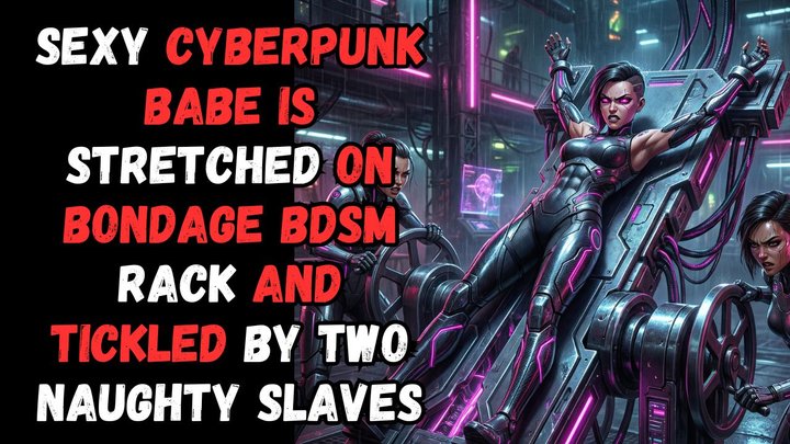 Cyberpunk fantasy babe is stretched out on BDSM rack and tickled in the armpits 