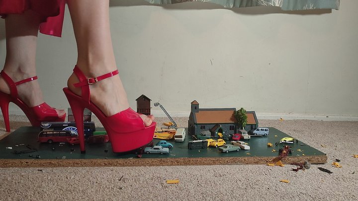 Giantess Lily Kink toy car crush of tiny cars, buses, trucks & buildings in big 