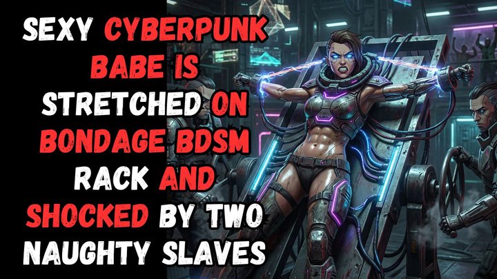 Cyberpunk fantasy babe is stretched out on BDSM rack and electro shocked by two 