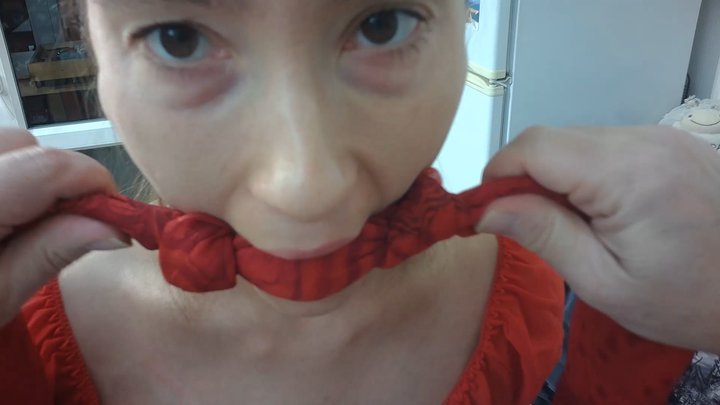 Sofi in a red dress tied to a chair with a white rope_POV_Part 1