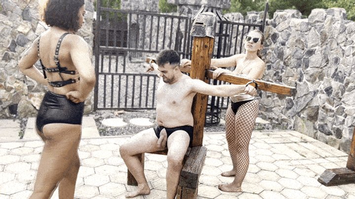 Very EXTREME Ebony Ballbusting - Fall down from our brutal kicks