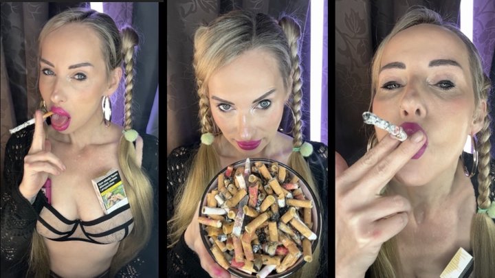 Sweet smoking girl Chain smokes marlboro 100 close up