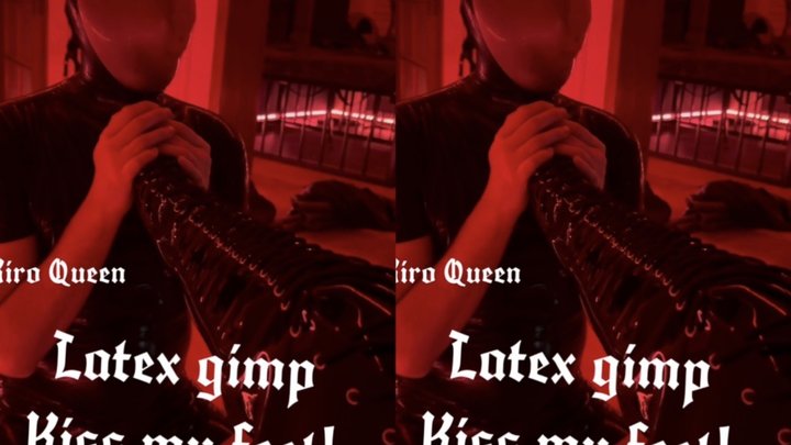 Latex gimp kiss my feet while wearing latex masks! Kiro Queen breath play