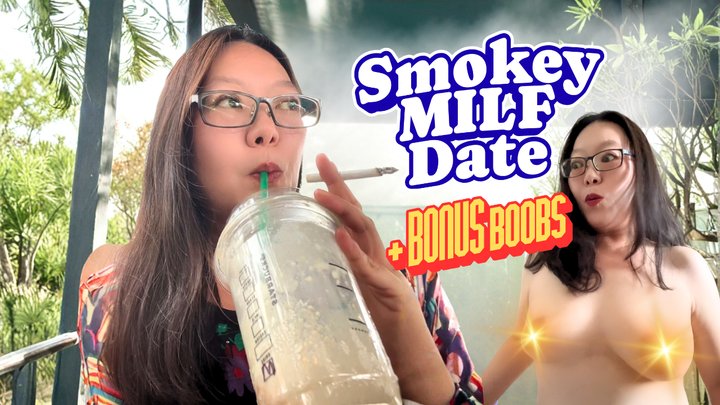 Outdoor Public Smoking Asian MILF Date: Smoking Sipping Coffee + Bonus Jiggling 