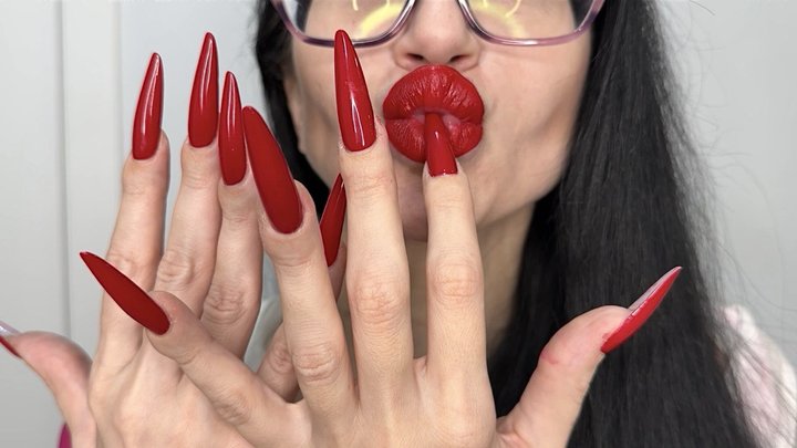 Long RED nails, fingers sucking, red lips and HOT handjobs (2688x1512)