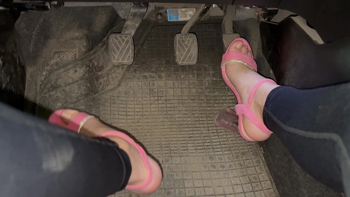 My stepsister steps on the gas and honks in pink high heeled sandals