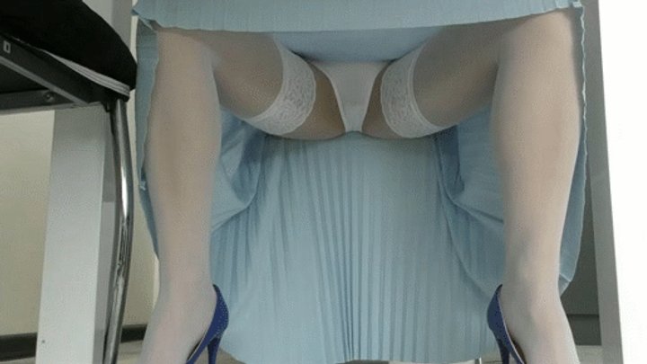 Put on your blue skirt, and underneath it, wear your white panties and white sto