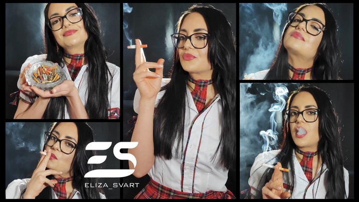 Smoking in a cute school uniform, juicy pink lipgloss and glasses