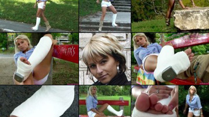 Yvette Term SLWC Gimping in the Park in Short and Showing Off Her Casted Toes (i