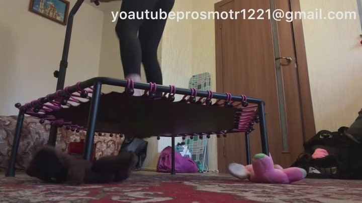 Nastya jumps on a Bossai trampoline, then puts on sneakers, jumps, and pushes it