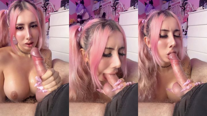 slutty TRANS with perfect TITS and PIGTAILS gives godly head