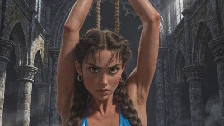 sexy animated babe with sleek body tied up and tries to escape BDSM bondage