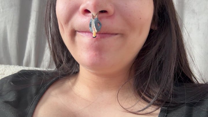 Giantess girl puts her tiny husband on her nose and he lies there like a piece o