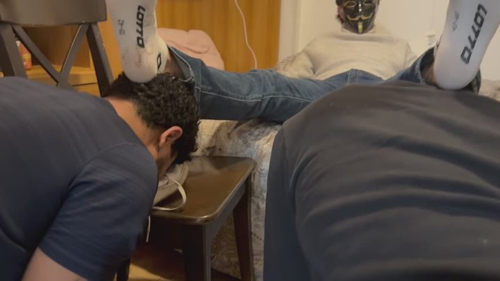 After a night in the Club: two Slaves Clean My Sweaty Socks part 2