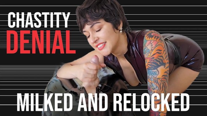Latex Cock Milking Orgasm Denial: Trans Girl Sub Relocked in Pink Chastity by Mi