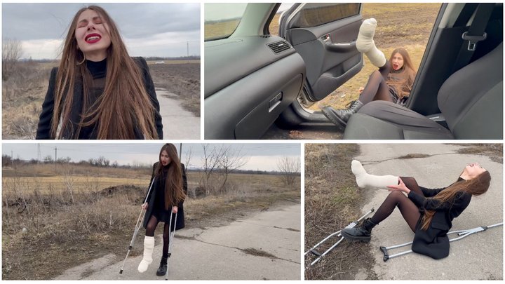Nastya is walking on crutches with a broken leg in a cast