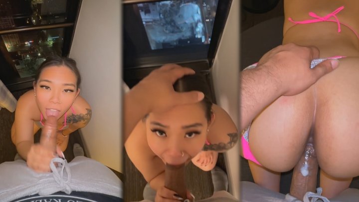 sexy asian giving blowjob and fucked doggystyle with a view