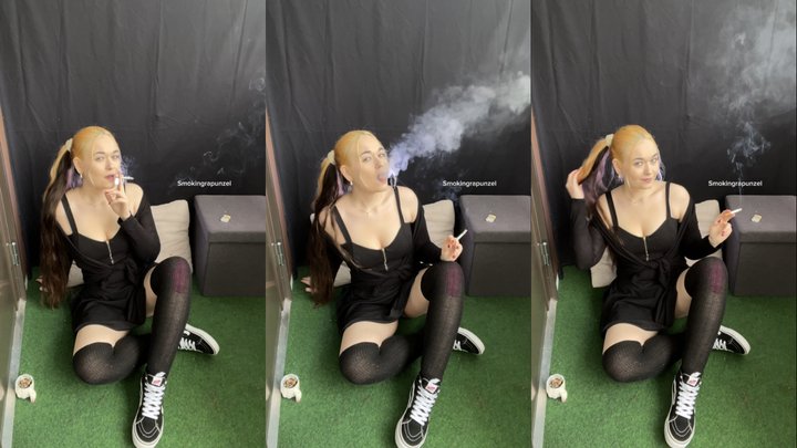 Smoking and sneakers. Black and white vans, Black dress with cleavage, thigh hig