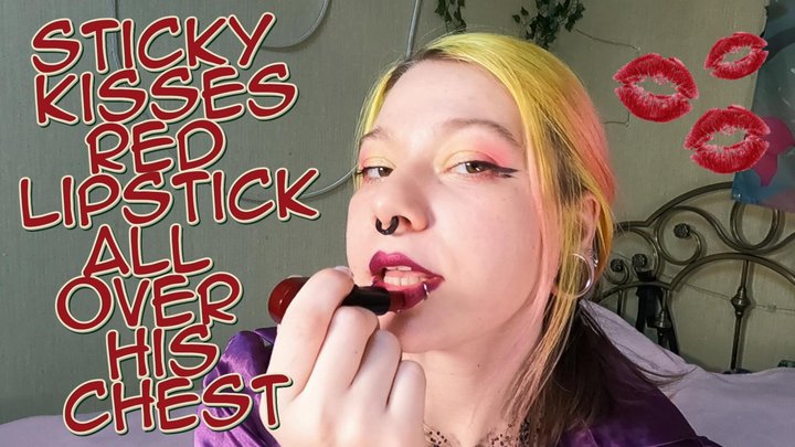 Sticky kisses red lipstick all over his chest