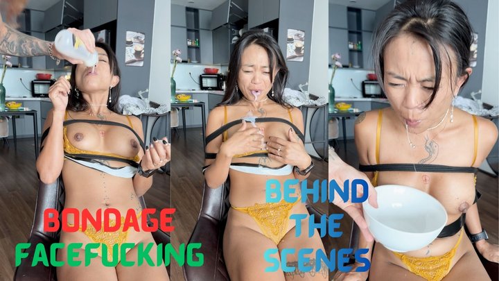 Mouth full of dripping Cum after Face Fucking Taped Asian MILF BTS