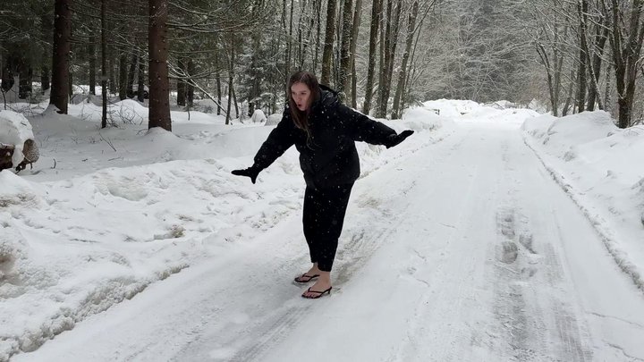 Extremely slippery flip flops on ice, walking on ice, sliding on ice