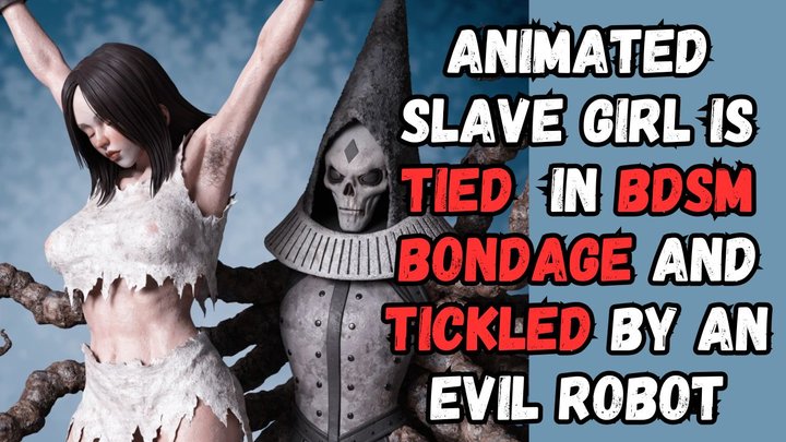 Tickling Dungeon slave girl with hairy pits in rags suspended by wrists in a dar