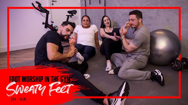 Gym girls Nara and Kiffa punish Hex and Pine with sweaty feet worship (1080 EN-s
