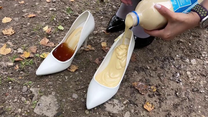 Messy high heels, messy stockings, messy feet, messy inshoe crush, sticky liquid