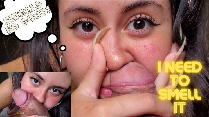 Smelling, enjoying and playing with the cock & nose! Cute submissive happy girl