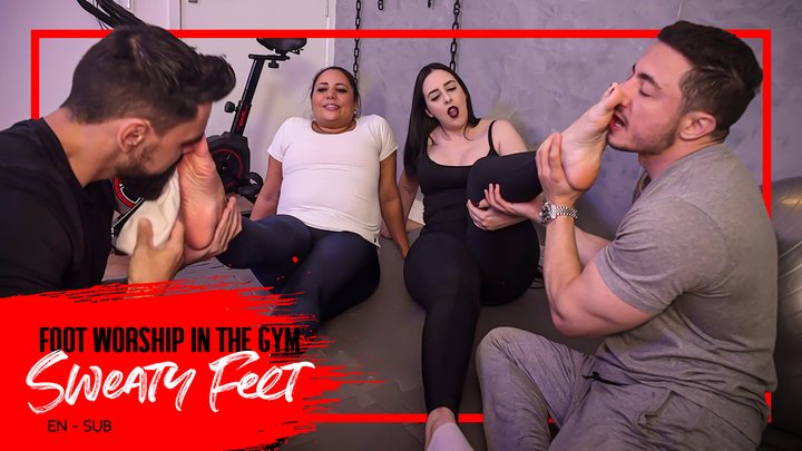 Gym girls Nara and Kiffa punish Hex and Pine with sweaty feet worship (720 EN-su
