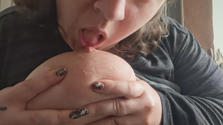 sucking my own nipples - large areolas & saggy tits combo