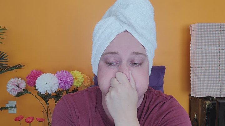 Fun Breath Holds with Puffy Cheeks and Nose Pinching in white hair towel