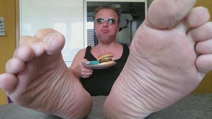Eating 2 burgers, showing my soles and burp