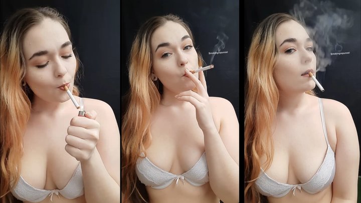 Close up smoking in a bra & dangling, black background, white bra - smokingrapun
