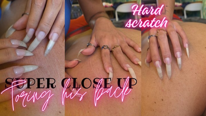 Super closeup TORING his back, the best view of my long nails and leveling up sc