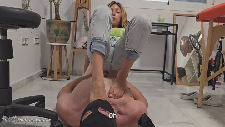 FOOT WORSHIP, SPITTING & Face Slapping – Domina Ghalia with Black Heels DANGLING