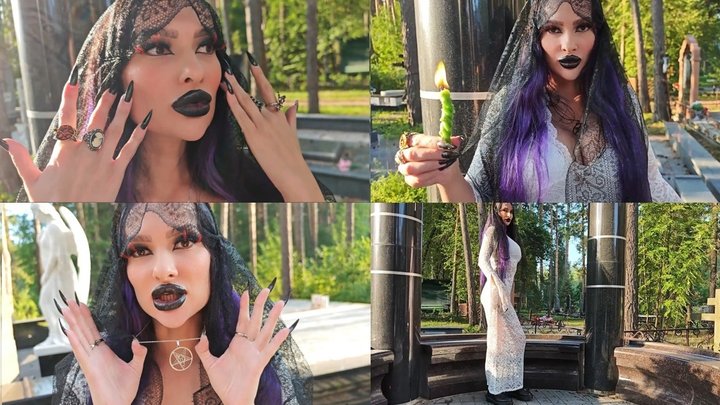 Gothic witch wanders the cemetery, performs black magic rituals, and makes you t