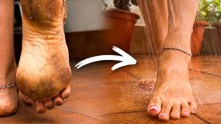 Dirty Barefoot on My Terrace | Washing My Feet Outdoors | Soles & High Arches