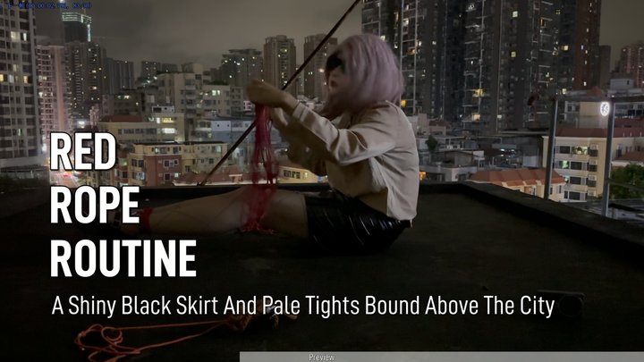 Red Rope Self-Bondage Above The City In A Shiny Black Skirt
