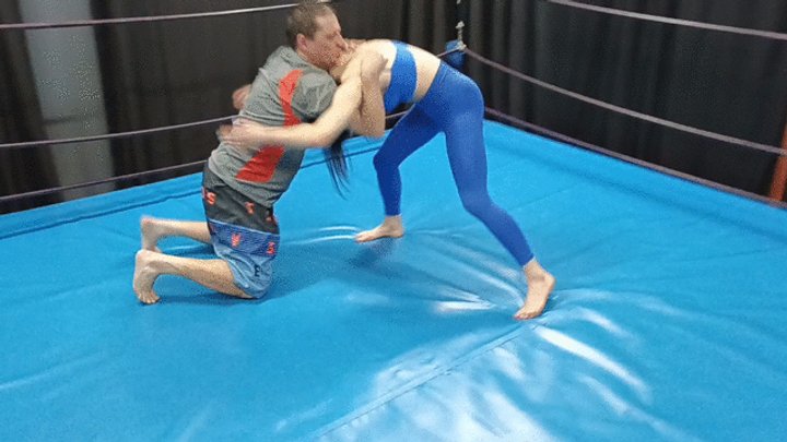 Sporty girl in blue leggins vs guy