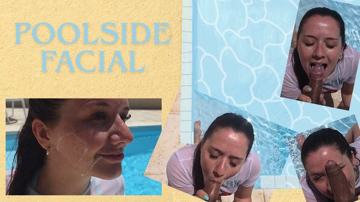 Poolside blowjob ending with a facial over my freckled face