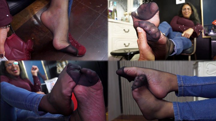 Teasing her warm and smelly arched feet in jeans and nylons after a hard day!