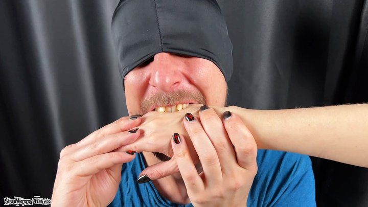 Blindfolded Hand Biting Leaves Red Teeth Marks