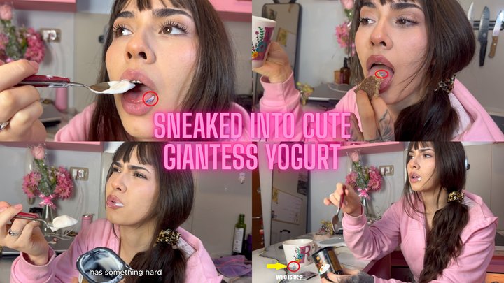 Sneaked into Cute Giantess' yogurt: unawarely eaten