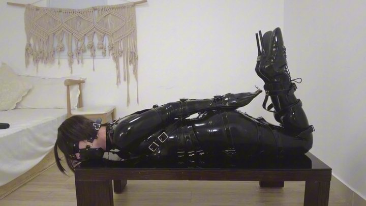 Puppy in leather bondage, inflatable gag, hogtie, struggling, orgasm