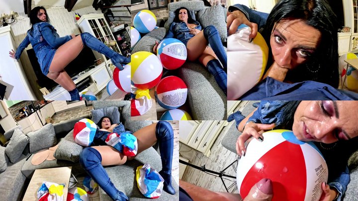Denim Beach Ball Humiliation. Deepthroat, Popping, Doggy and Double Cum
