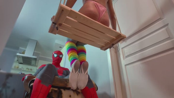Colorful Ruslana Sits On A Swing And Massages Spiderman’s Dick - Blue Stockings 